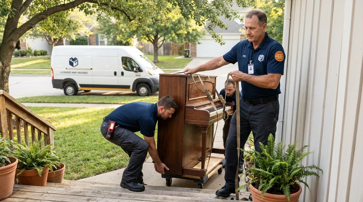 Licensed piano movers securing grand piano in Atchison, KS