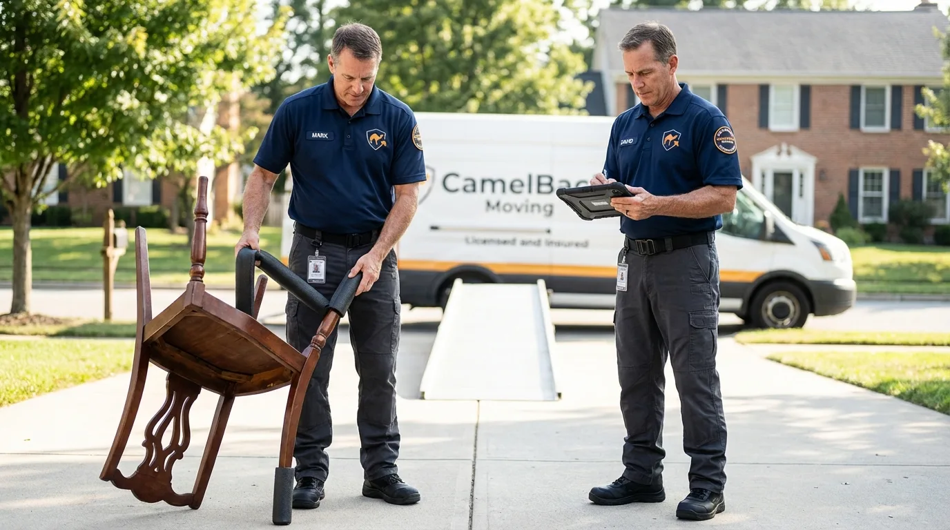 Movers inspecting furniture for damage prevention before loading in Atchison, KS